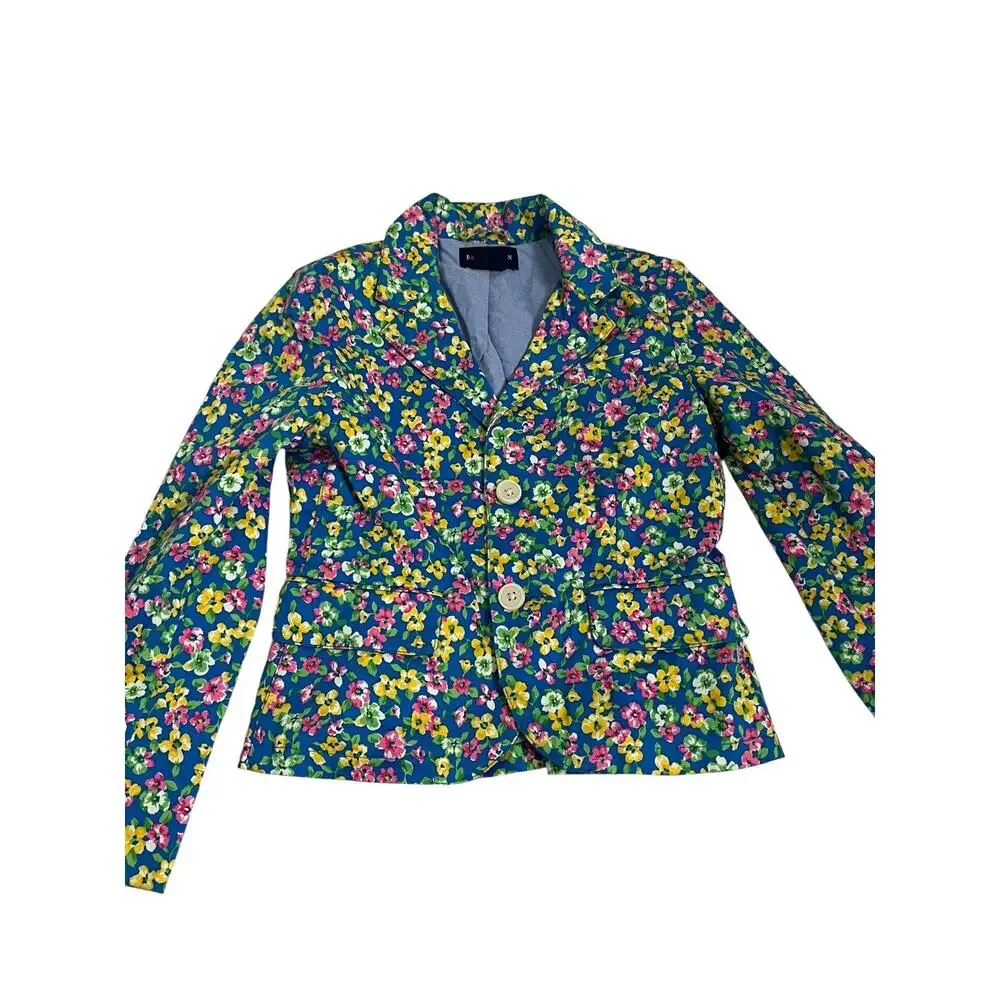 Ralph Lauren Floral Blazer Jacket Girls Kids 6 Bright Blue Cotton Stretch Lined